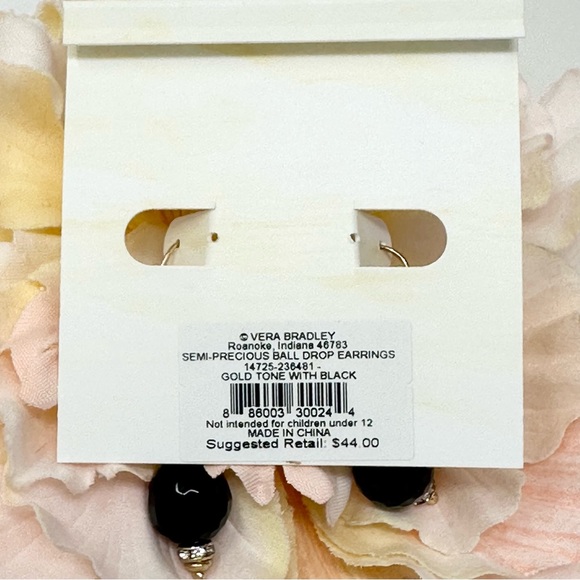 Vera Bradley Black Semi-Precious Stone Dangle Earrings NEW - Picture 2 of 3